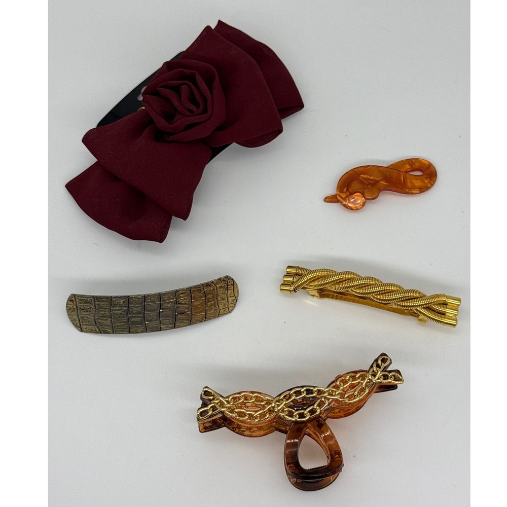 Vintage Hair‎ Clip Barette Bundle Bow Burgundy Gold Chain Tortoiseshell 5pc